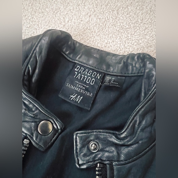 H&M Dragon Tattoo Collection by Trish Summerville Black Leather Bike Jacket RARE - Picture 9 of 12